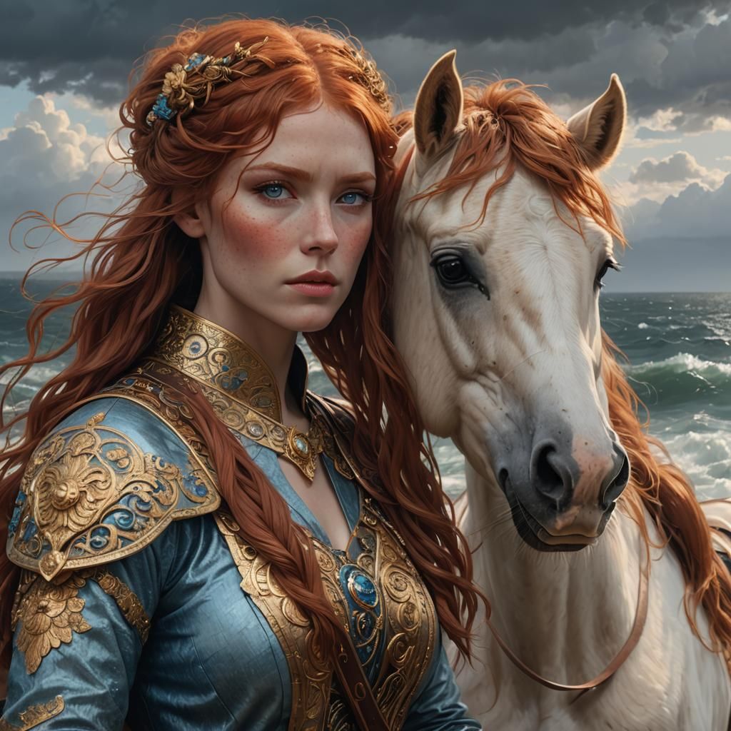 Red-Haired Girl and Pony in Klimt-Inspired Landscape