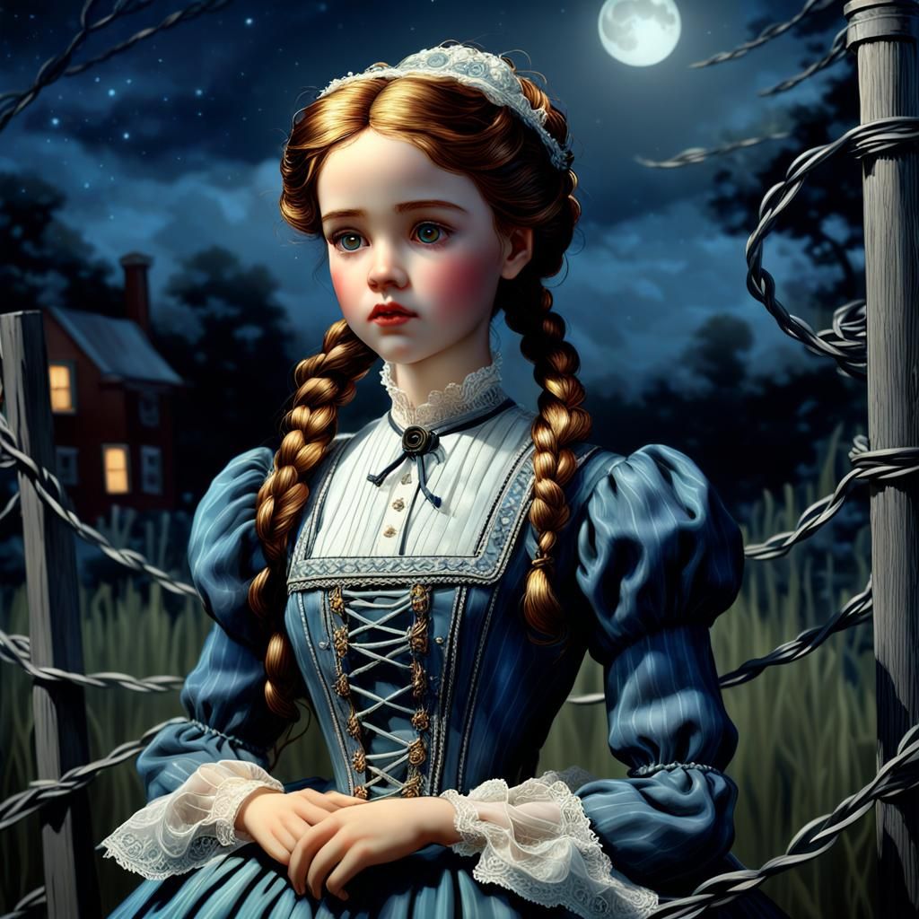 Porcelain Doll in Moonlight, Currier and Ives Style