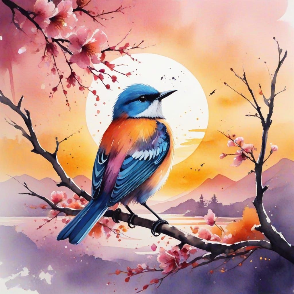 Vibrant Blossom Bird Sunset in Japanese Ink Style