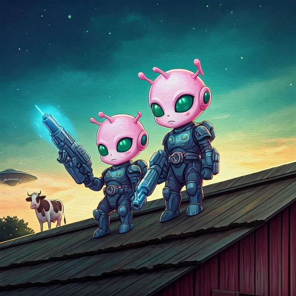 Chibi Aliens Invade Farm Barn at Sunset