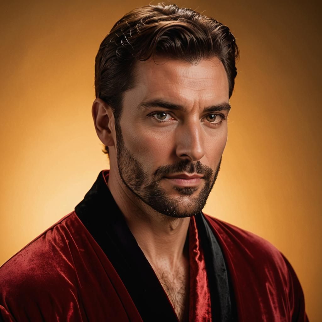 Worried Man in Red Velvet Robe Portrait