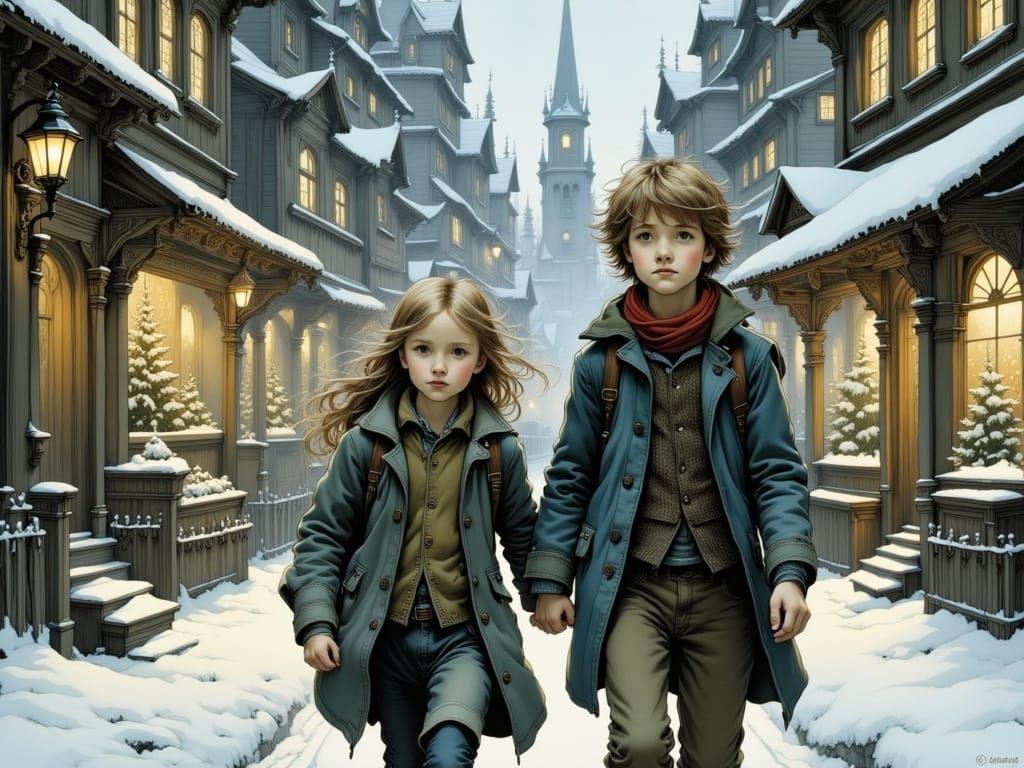 Whimsical Siblings Navigate Winter Wonderland in Intricately...