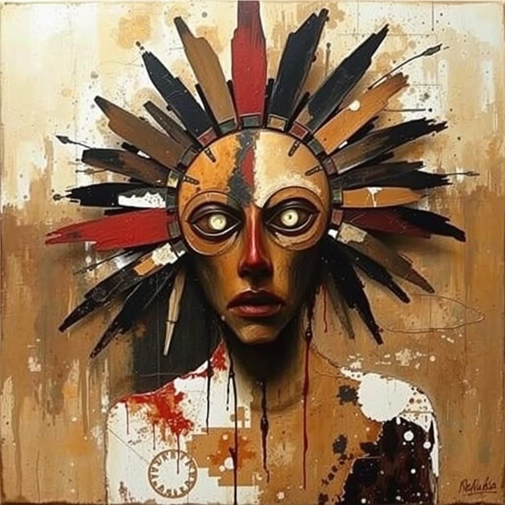 Abstract Mask in Mixed Media with Expressive Brushwork