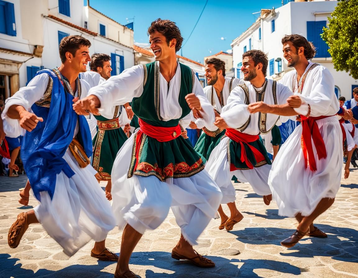 Group of young man dancing sirtaki