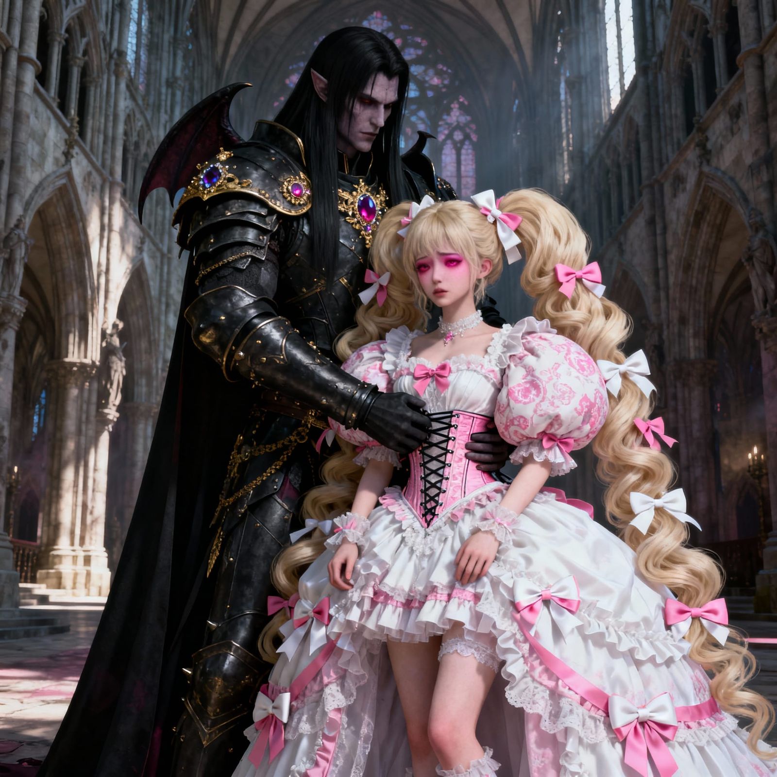Demon King Embraces Bride in Gothic Cathedral