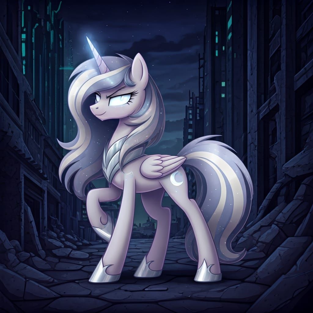 Evil Pony in Ruined Cityscape: Dystopian Digital Art