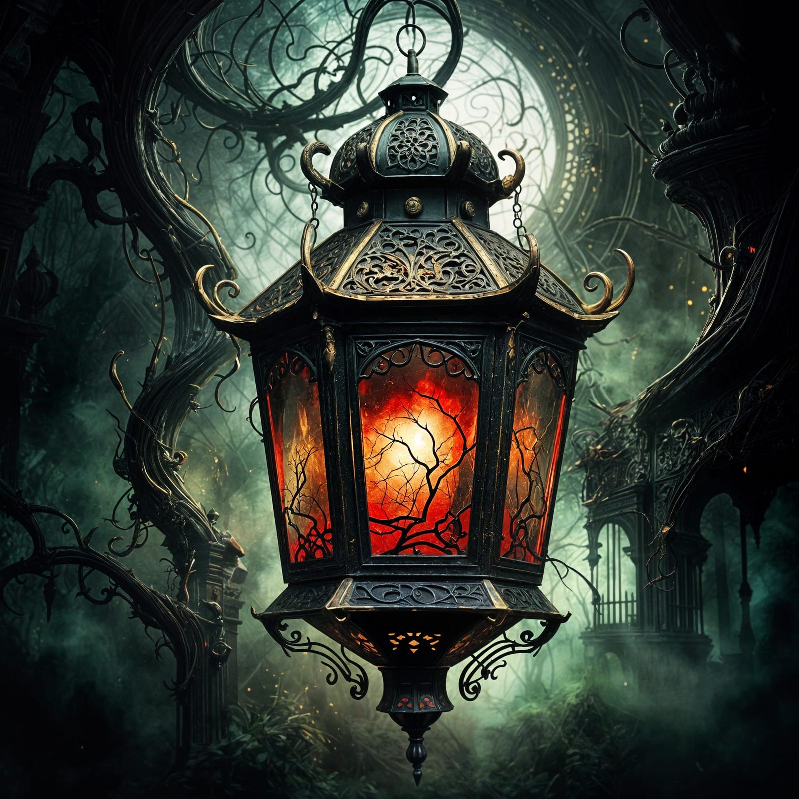 Sinister Black and Gold Lantern Emitting Eerie Light