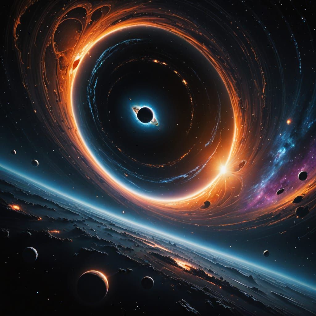 Massive Spaceship Orbits Brilliant Black Hole in Cosmic Land...