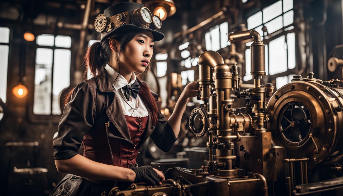 Asian Girl in Steampunk Clothing Working Machine