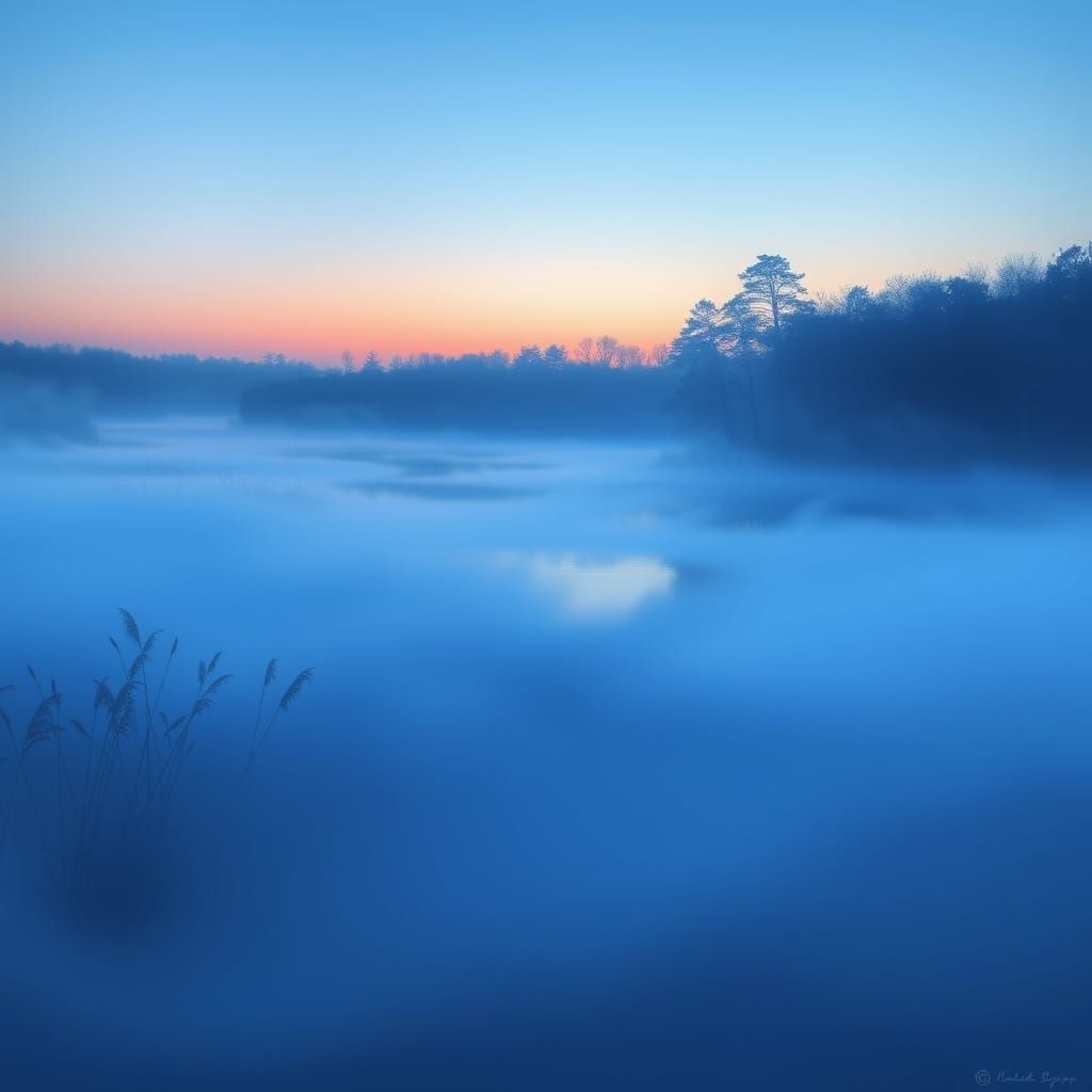 Ethereal Blue Mist Surrounds a Tranquil Lake at Dusk