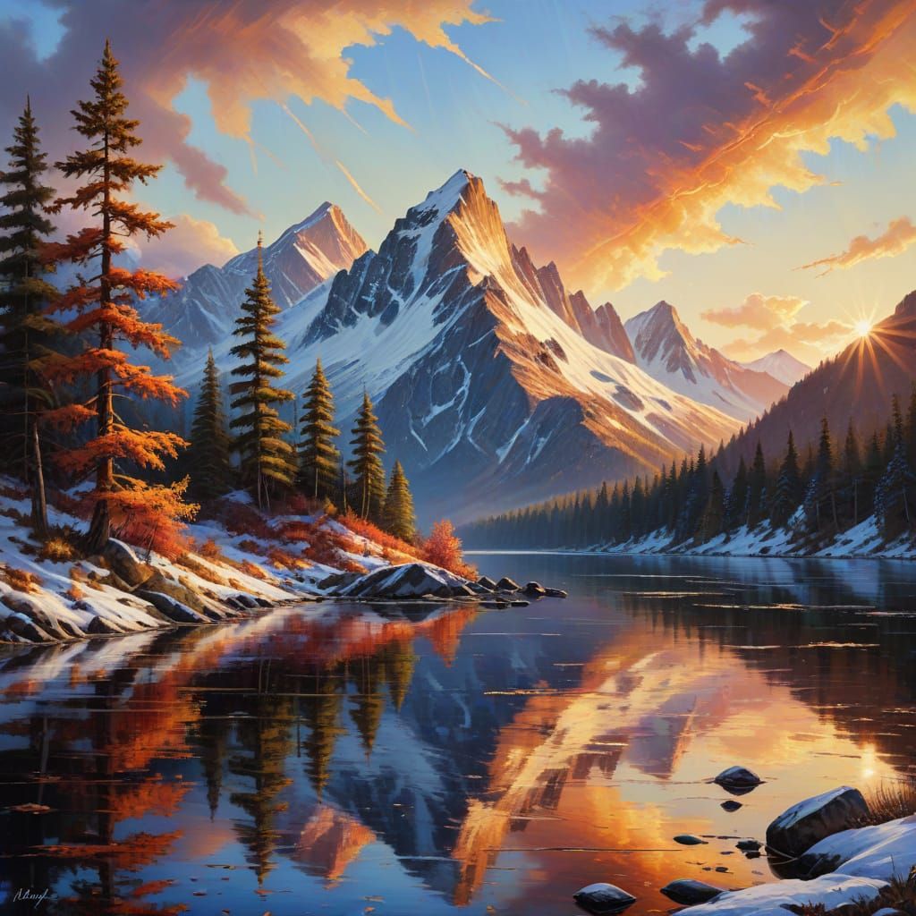 Majestic Mountains at Dawn in Hudson River School Style