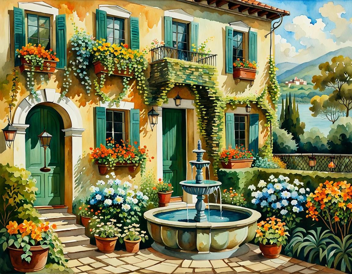 Watercolor Terraced House with Flower Garden