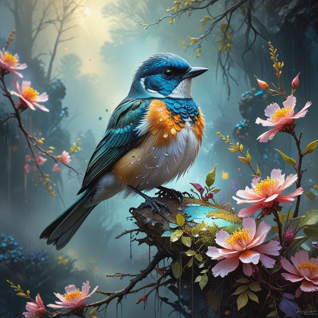 Ethereal Bird Amidst Spring Bloom in Impasto Glaze