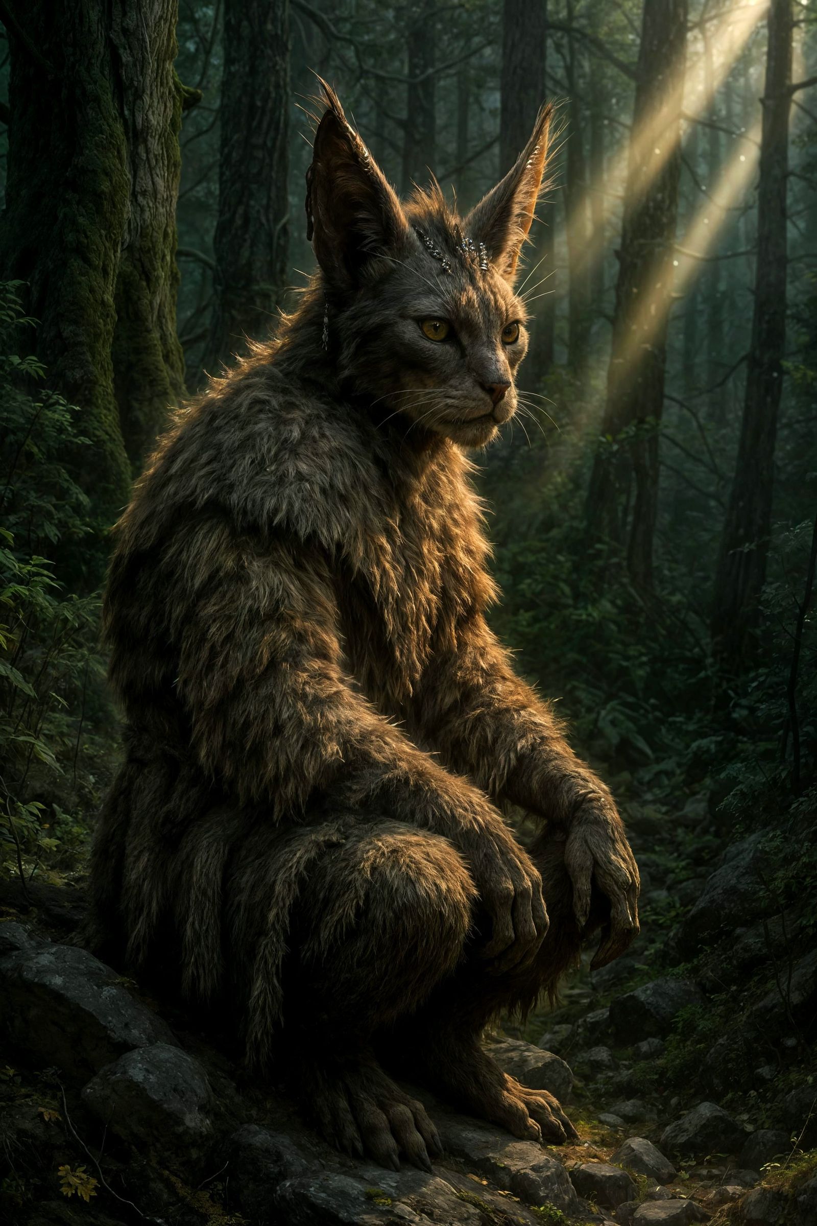 Mythical Furred Humanoid in Ancient Forest