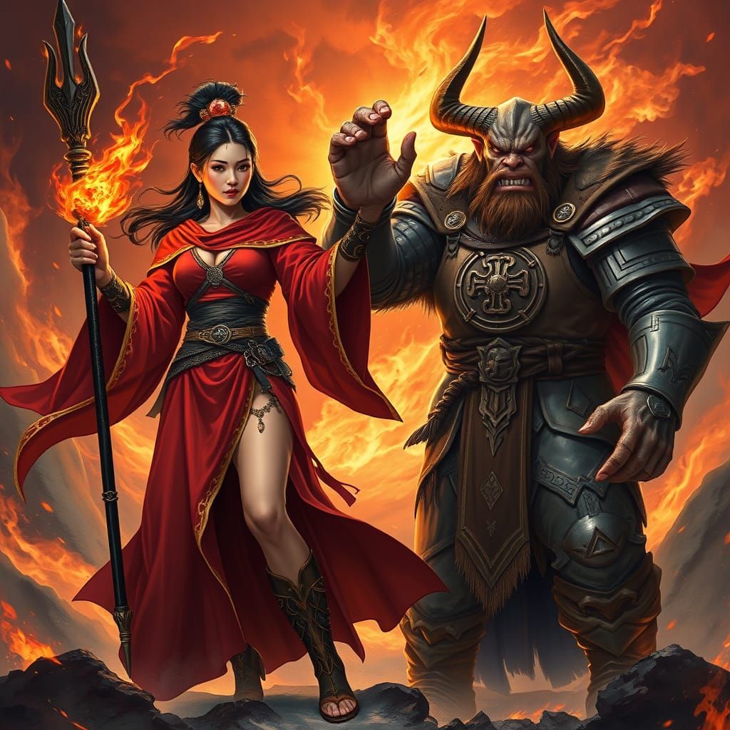 Epic Fantasy Battle Scene: Fire Magic vs. Dark Forces