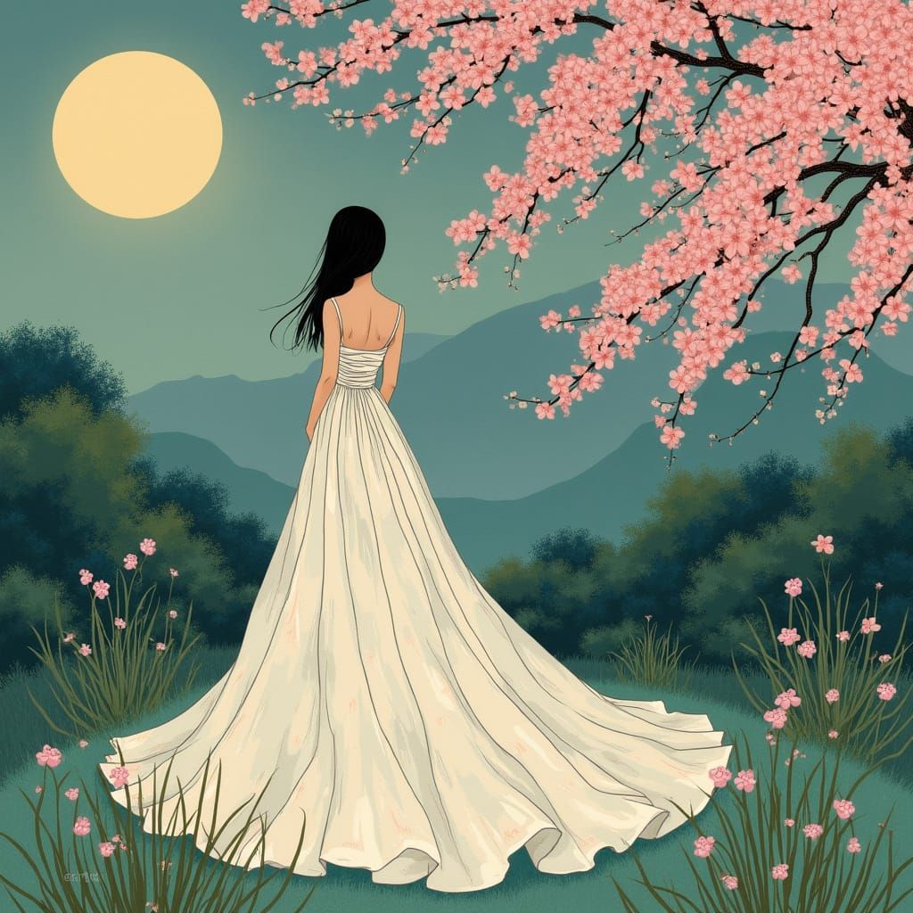 Ethereal Moonlit Garden Scene in Dreamy Watercolor Style