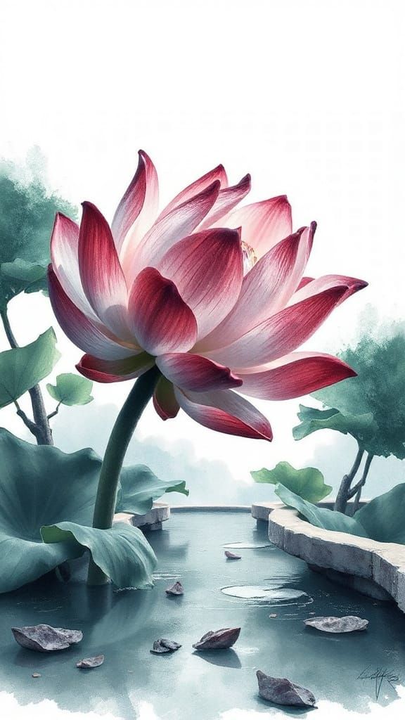 Lotus Flower Profile in Japanese Garden with Bonsai Leaves a...