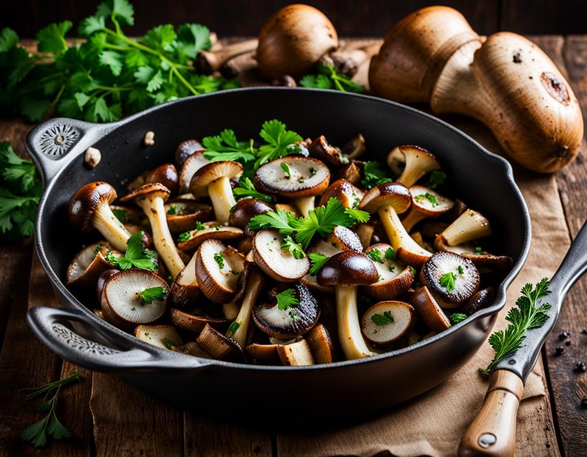 Sautéed Porcini and Boletus Mushrooms on Rustic Table