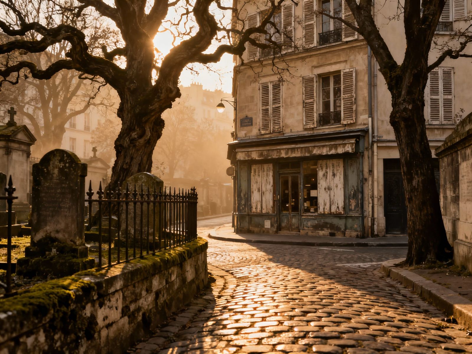 Parisian Intersection: Shop and Graveyard at Magic Hour