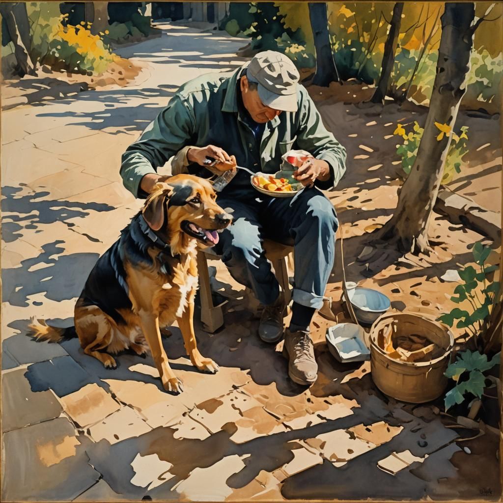Beggar Feeding Dog in Gouache Style