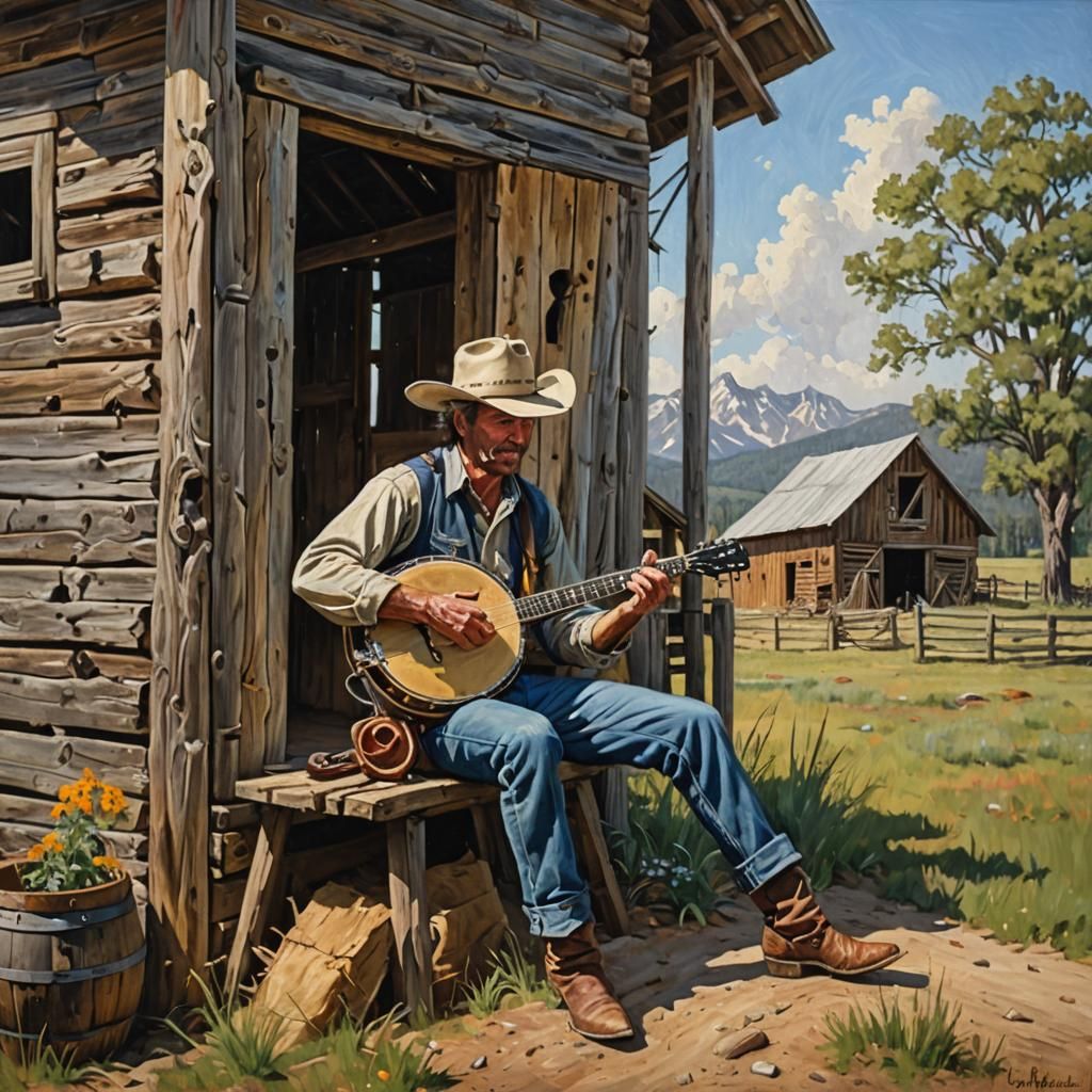 Cowboy Banjo Serenade: An Oil Painting