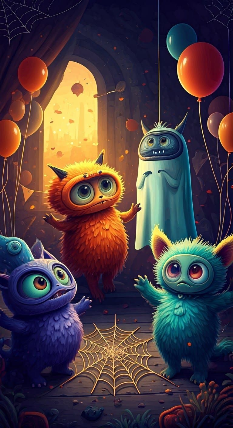Halloween Costume Party with Adorable Monsters and Ghosts