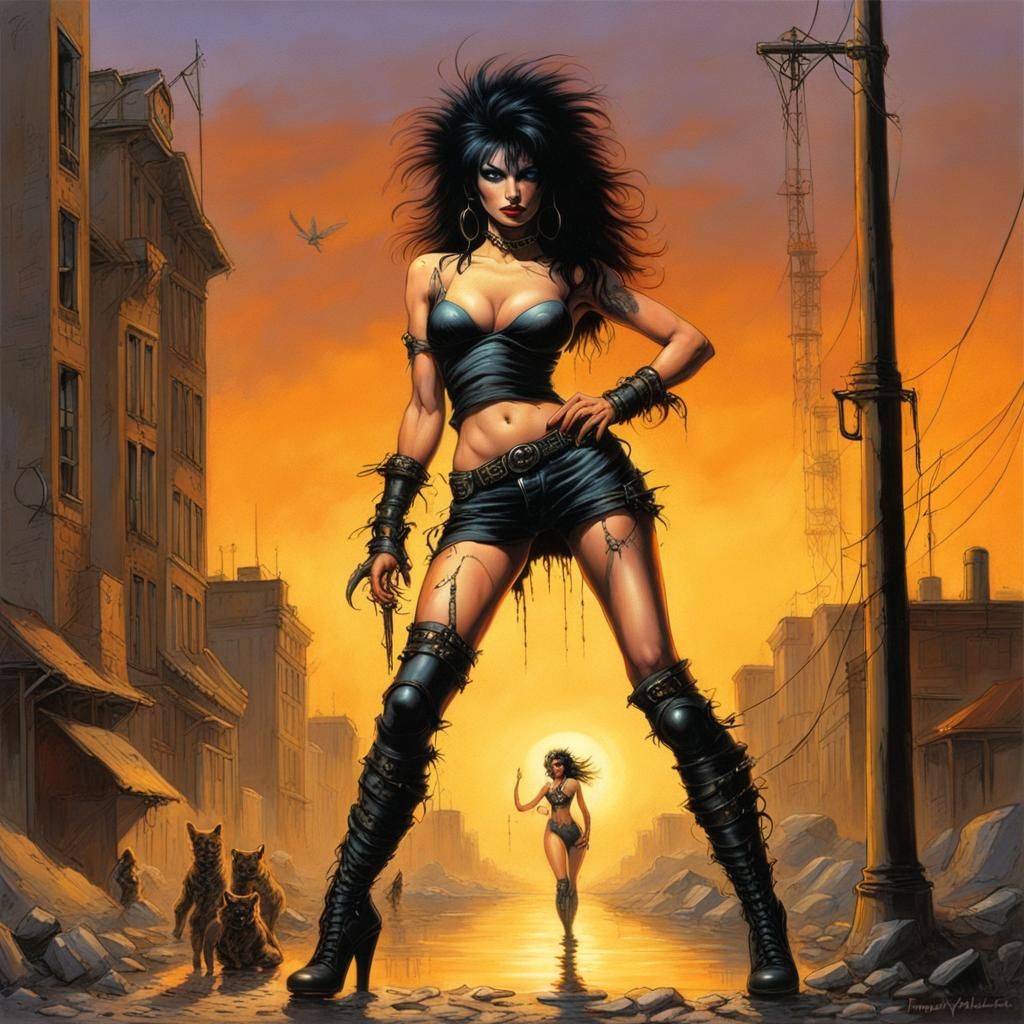 Punk Goth Woman in City Alley at Sunset