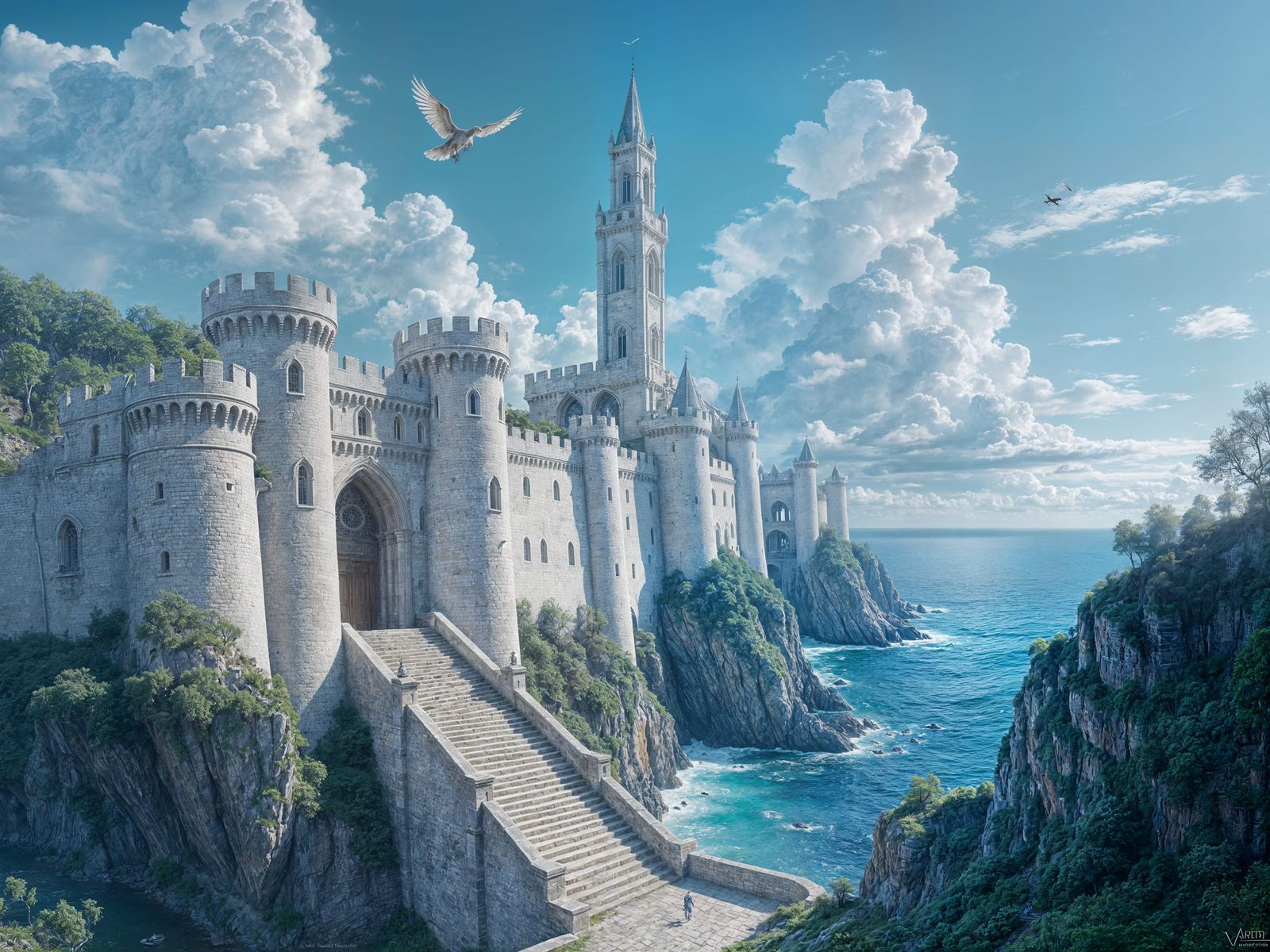 Fantasy City with White Ramparts and Griffon