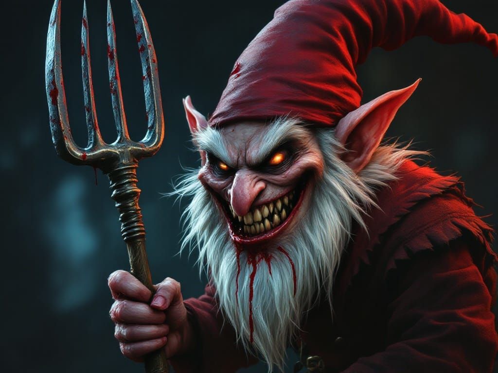Frightening Gnome with Pitchfork and Bloody Chin