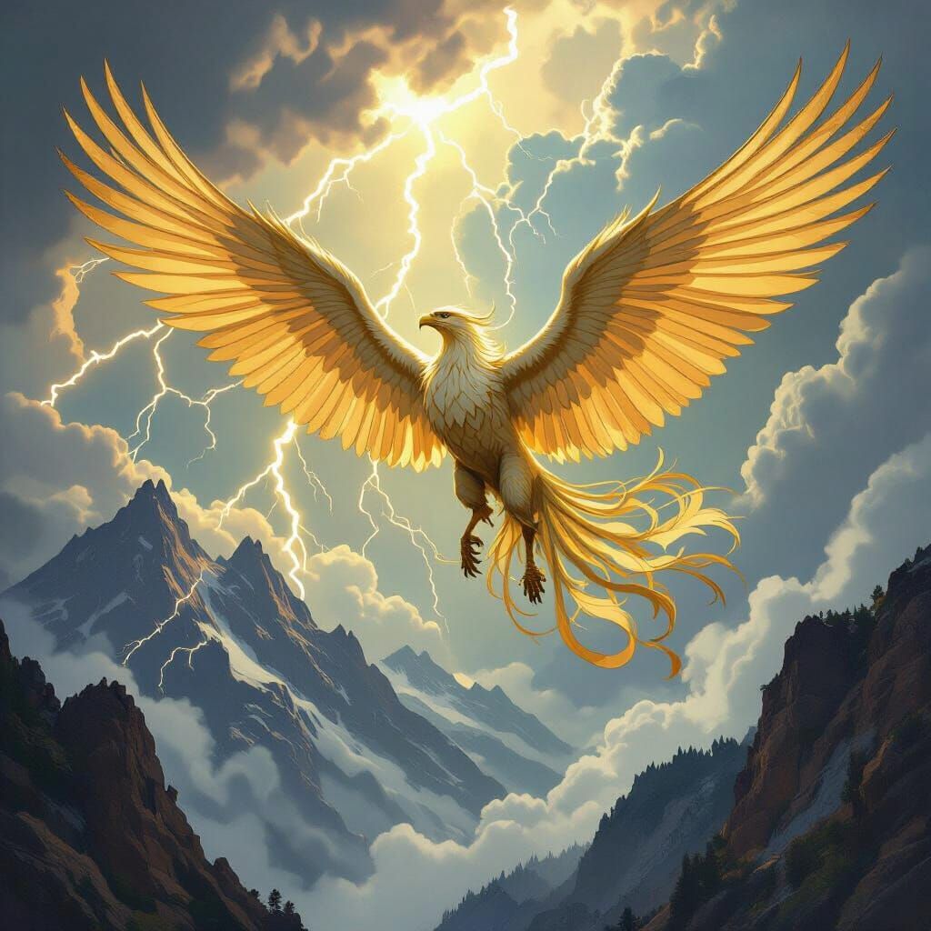 Griffin Soaring Through Stormy Sky in Art Nouveau Style