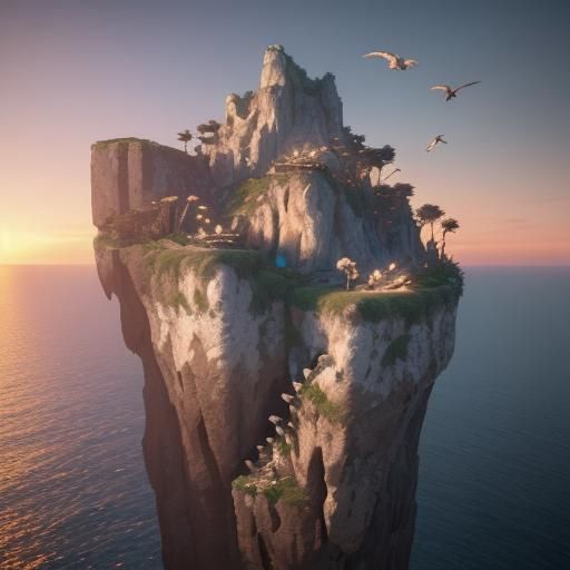 Birds' Cliffside Nest at Sunset: 3D Game Art