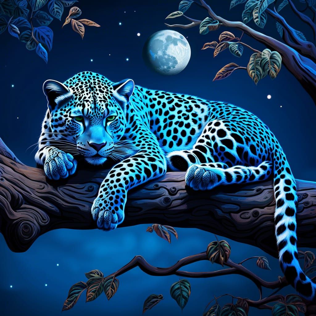 Fantasy Blue Leopard Asleep Under Moon, Digital Art