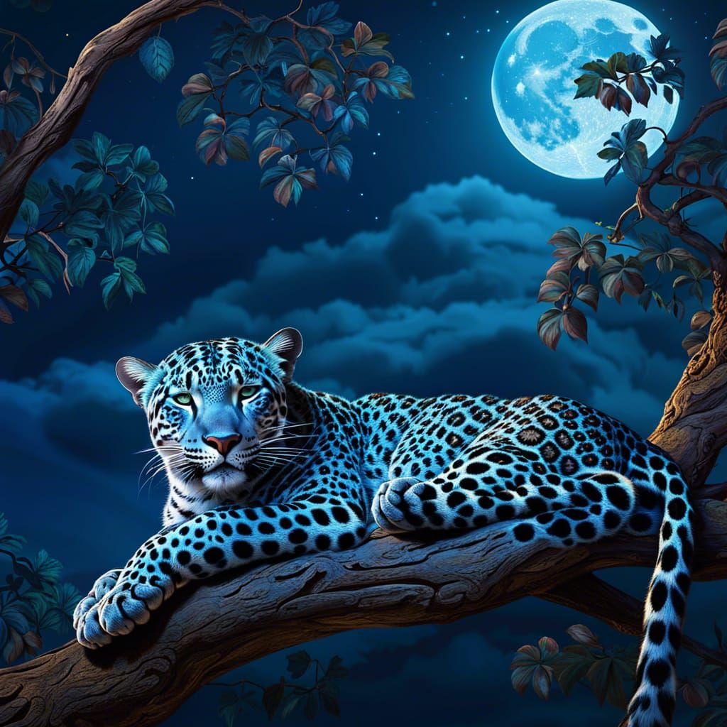 Blue Spotted Leopard in Fantasy Landscape, Digital Art