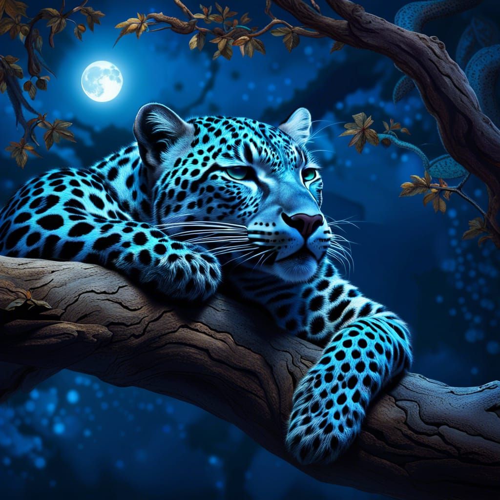 Fantasy Blue Leopard Asleep Under Moonlit Branch