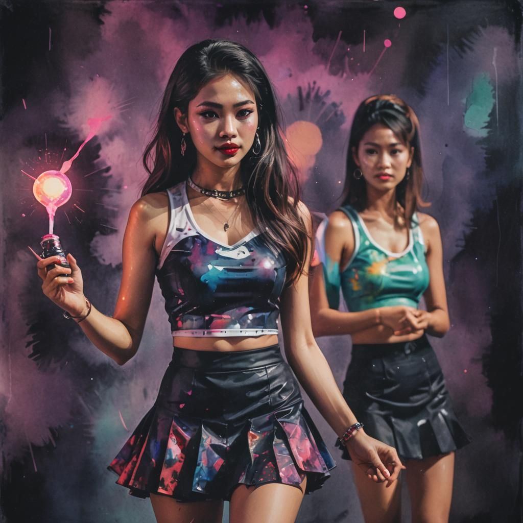 Thai Model in Dark Retro Watercolour Style