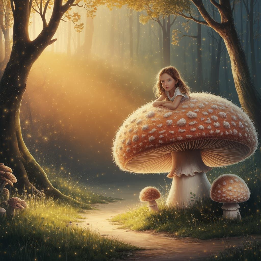 Girl on Fluffy Mushroom with Fireflies, Impressionist Style