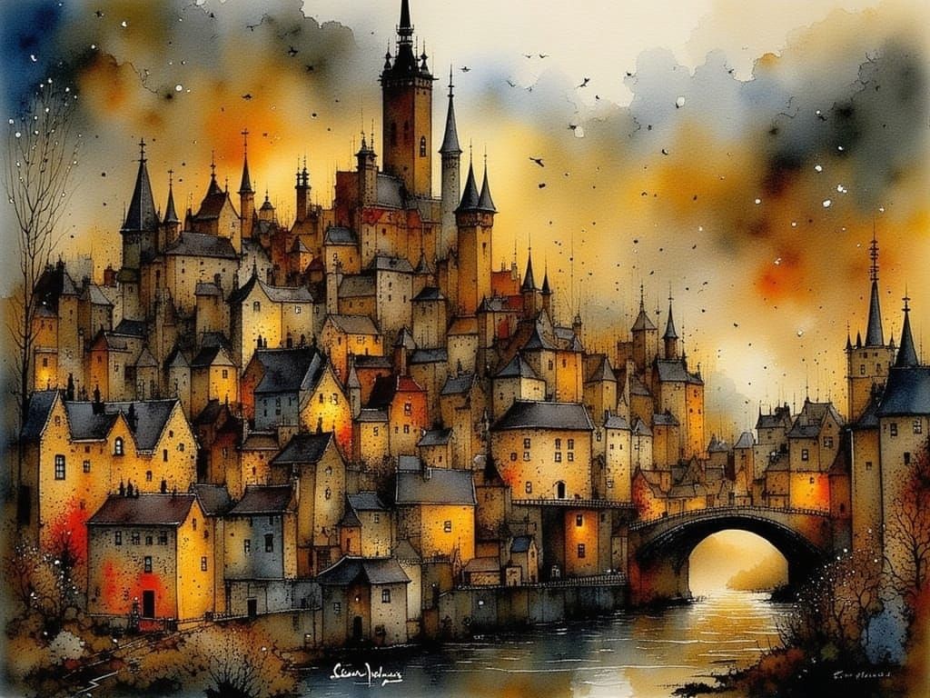 Mysterious Medieval Townscape in Deep, Noctilucent Colors