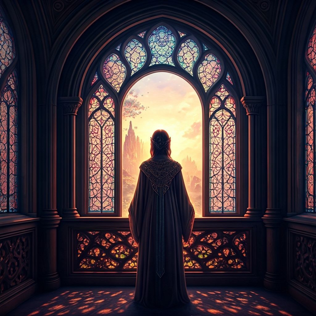 Woman in Tower Gazing at Dreamy Kaleidoscope Landscape