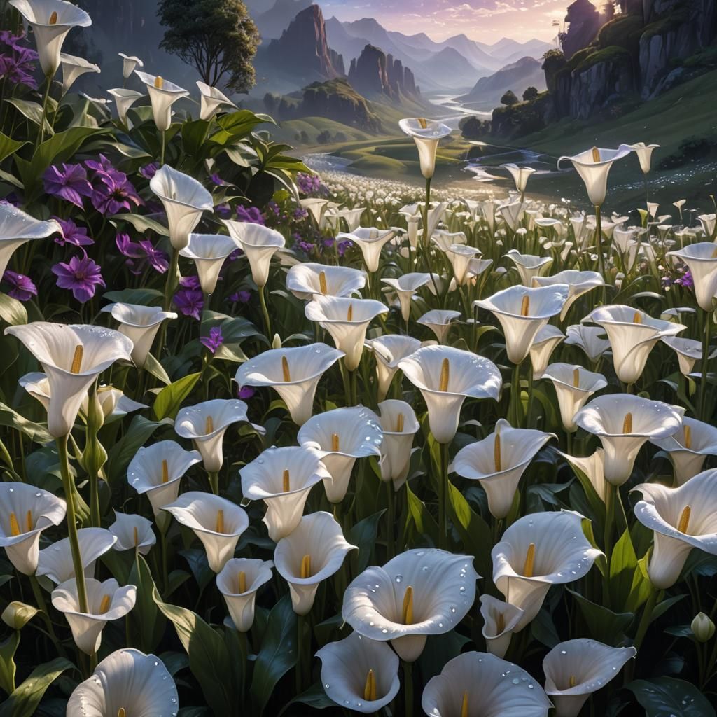 Iridescent Dewdrops on Lilies in Early Morning Light