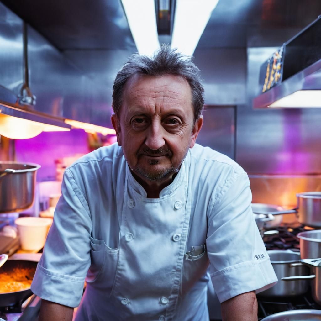 Cinematic Chef Portrait in Neon Lit Kitchen