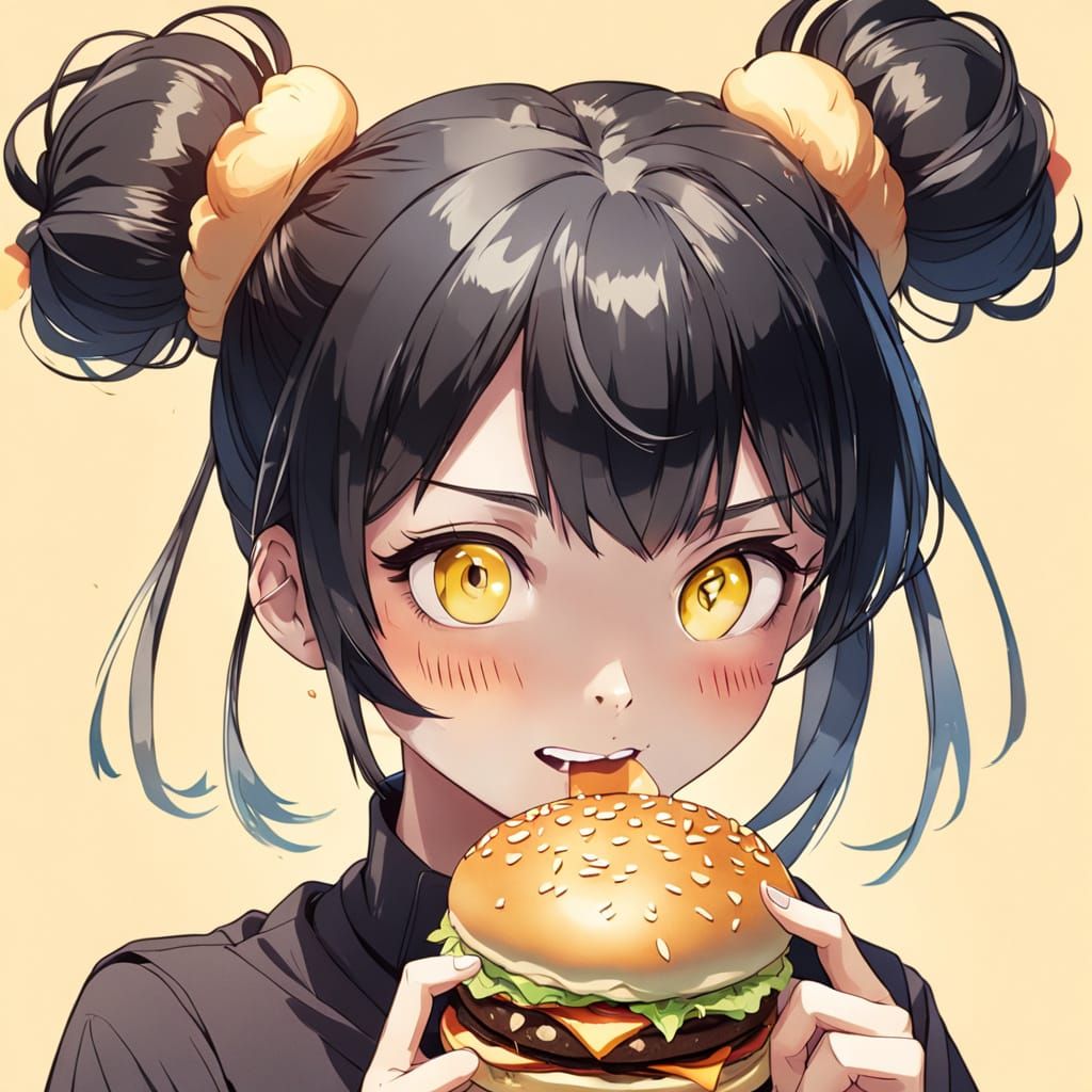 Vibrant Anime Girl with Yellow Eyes Eating Burger in Soft Li...