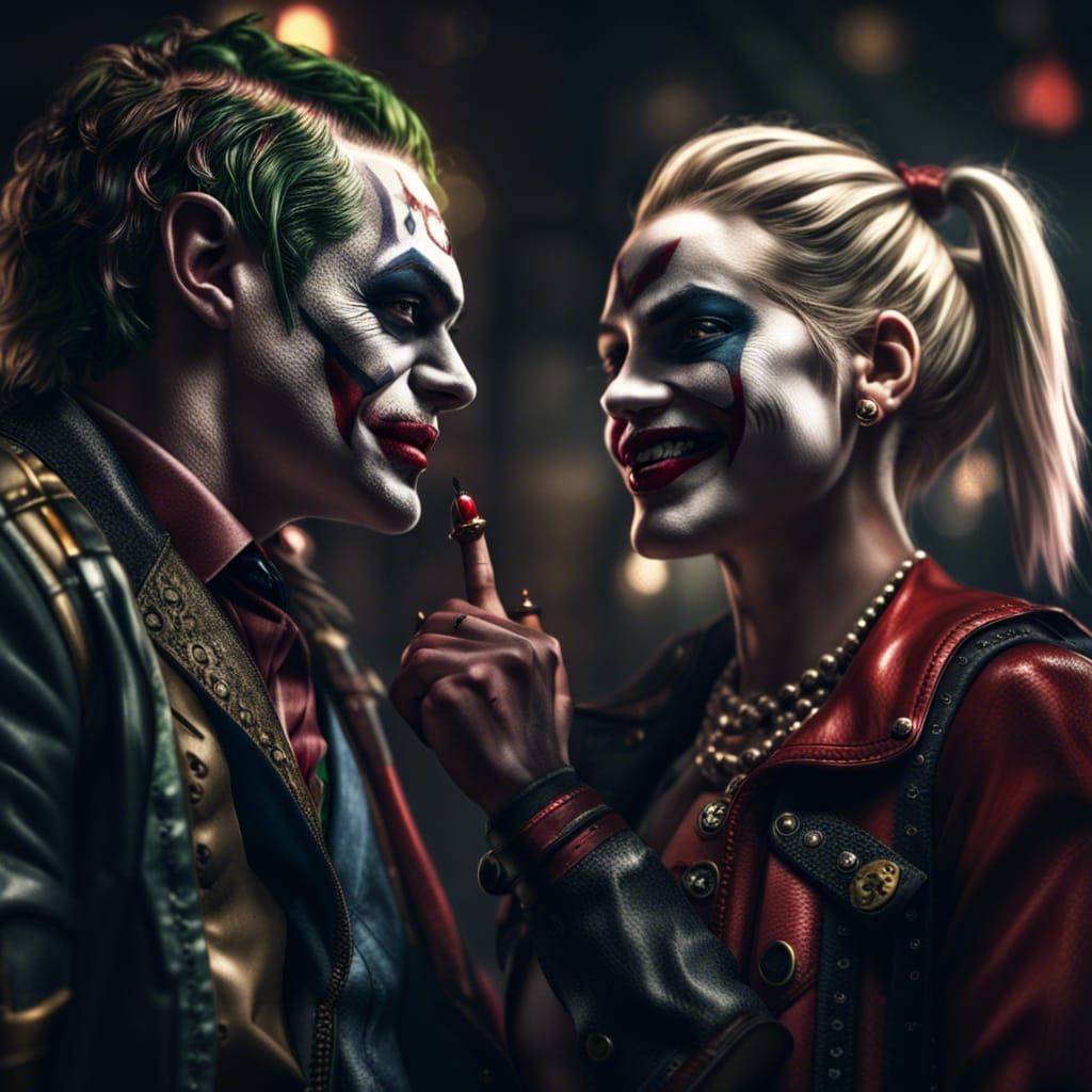 Harley Quinn and Joker Celebrate: Hyperrealistic 64MP Image