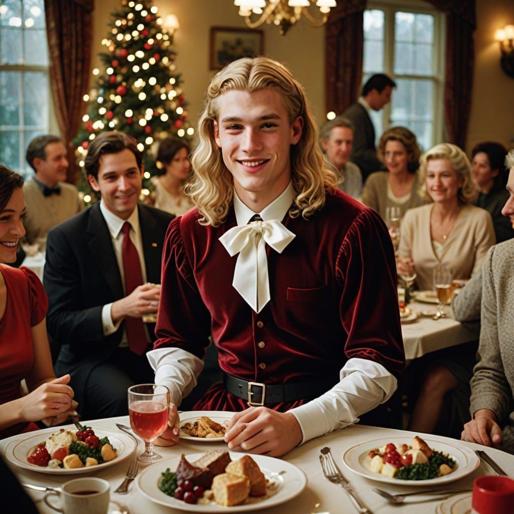 Man Crossdressing in Elegant Red Christmas Dress with Warm F...