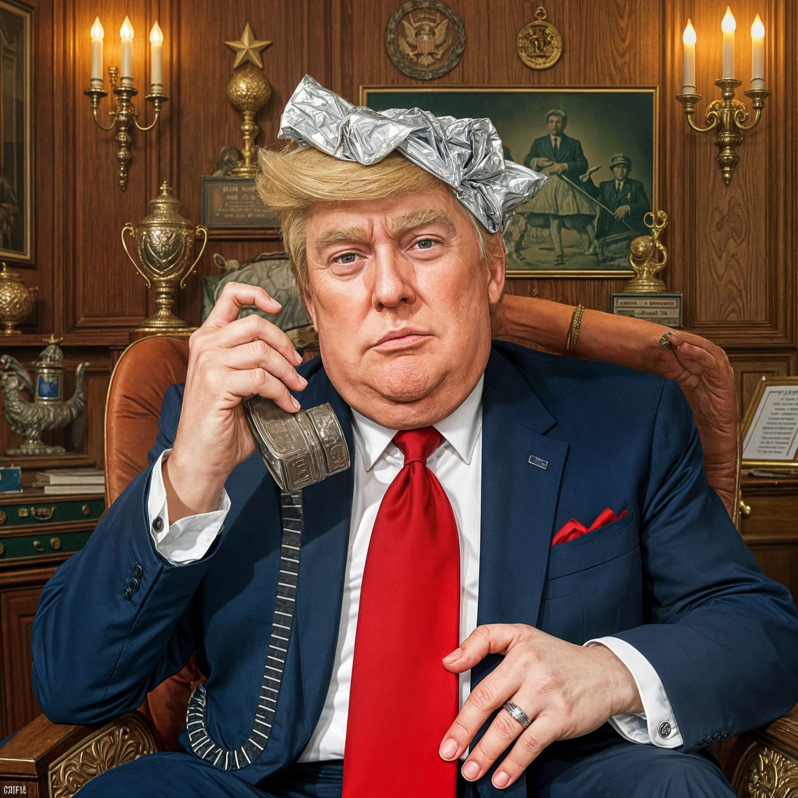 Donald Trump Covers Head with Tin Foil for Golf Chat with Le...