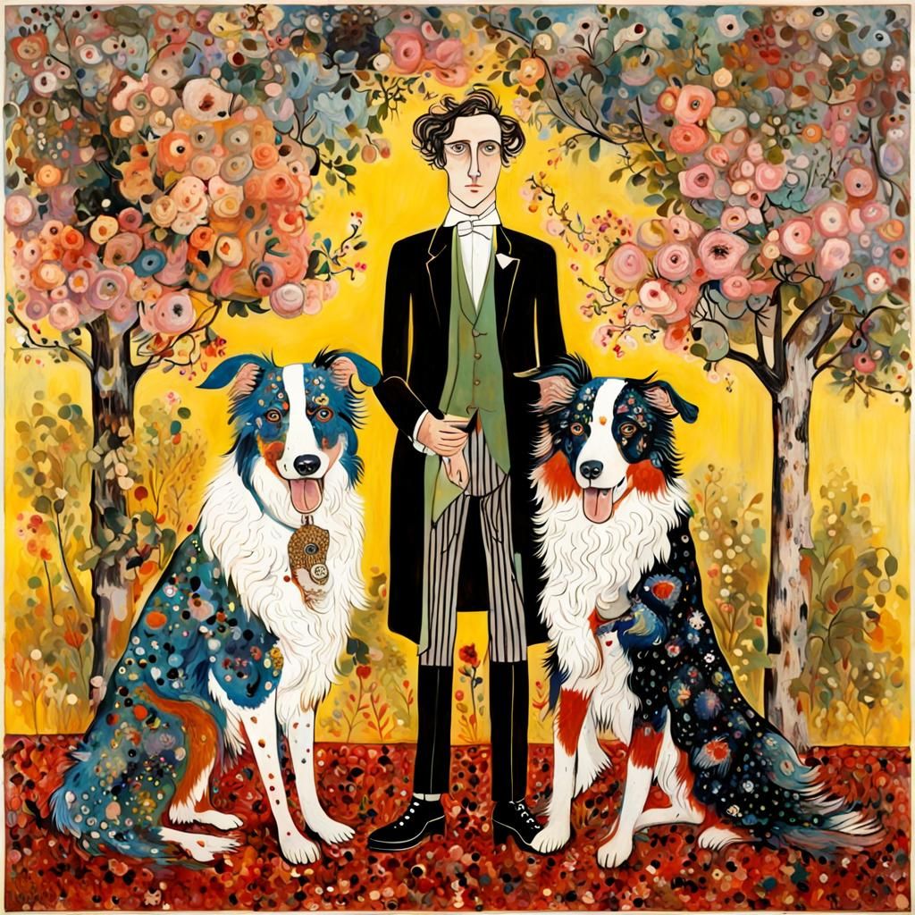 Aristocratic Couple with Dog in Naive Art Style