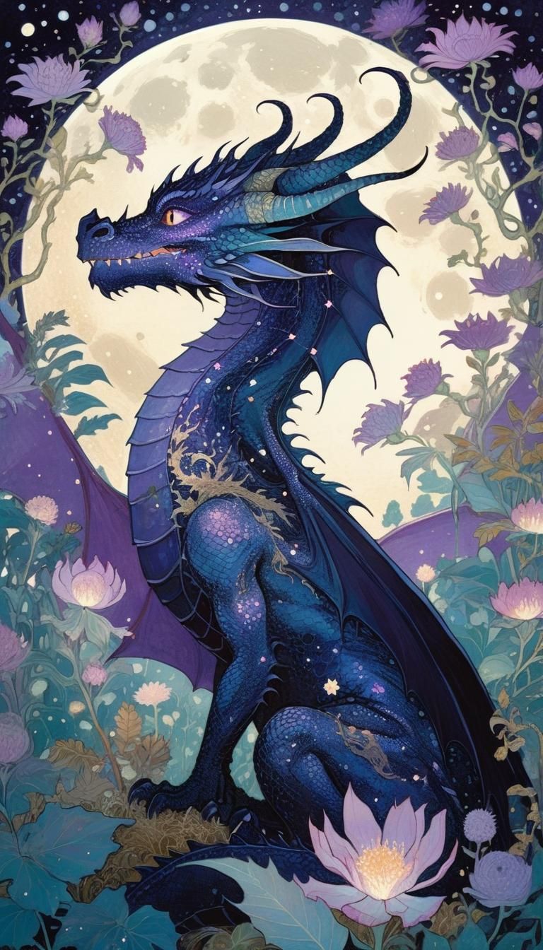 Dragon Silhouette in Lush Garden Illustration