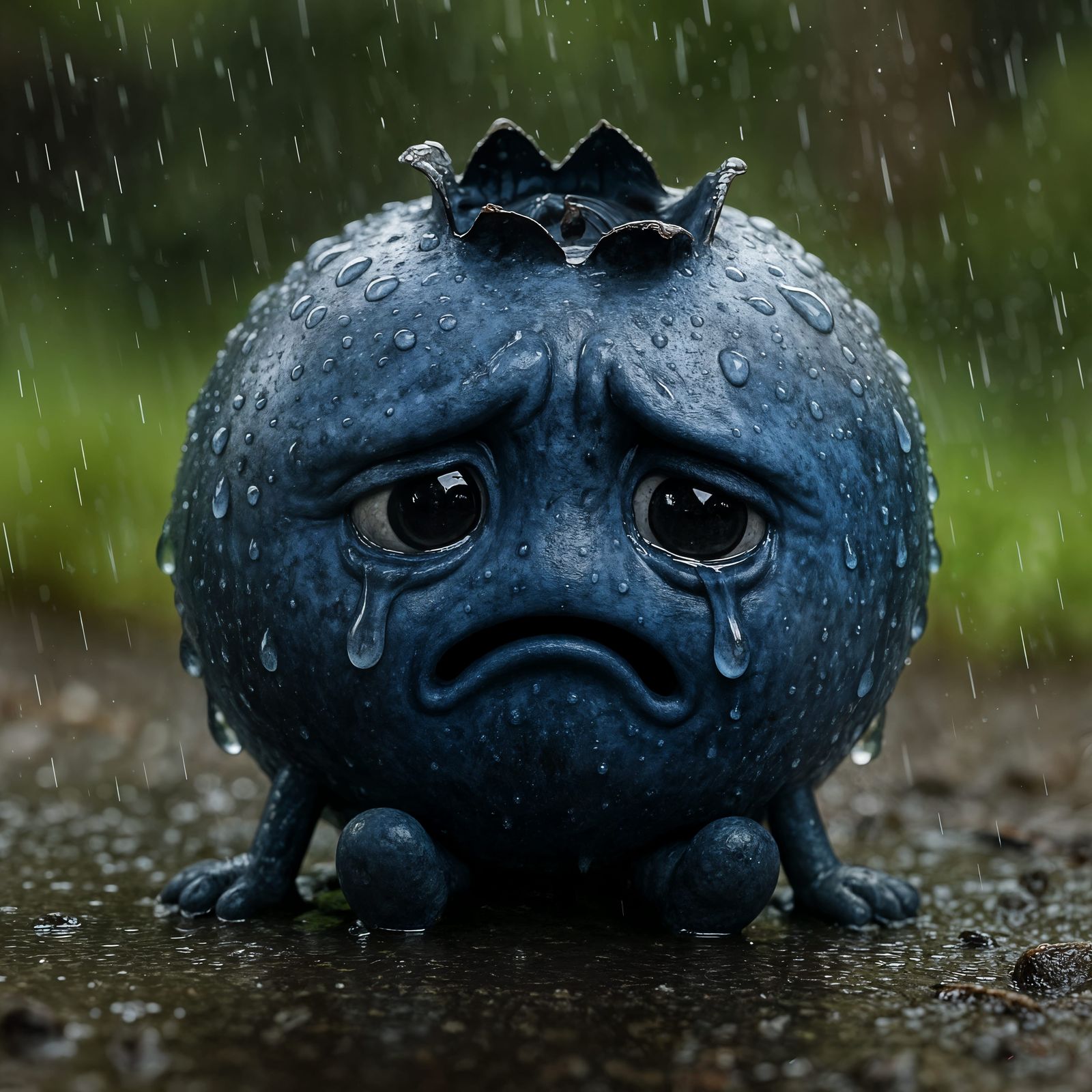 CGI Crying Blueberry in the Rain
