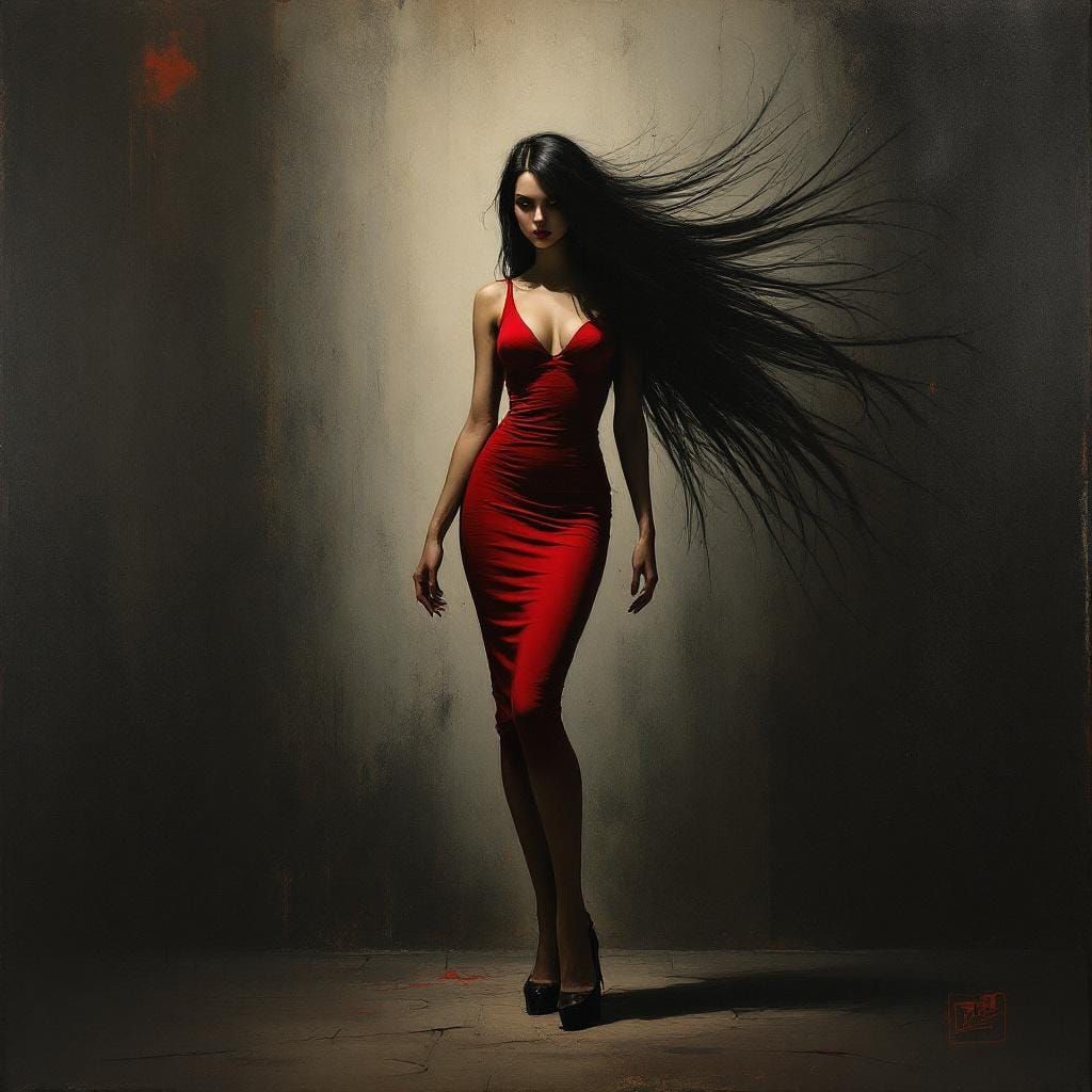 Enigmatic Woman in Red Dress, Raw Expressive Style