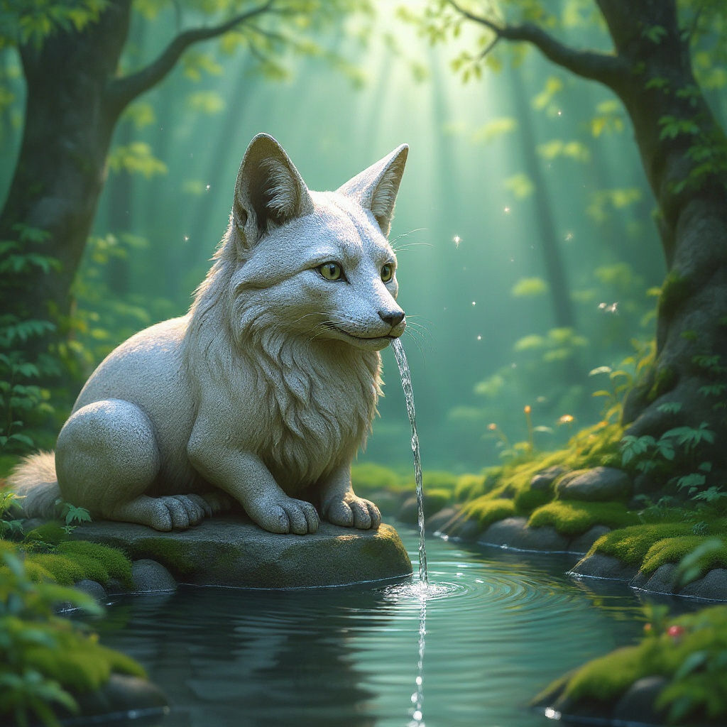 Magical Forest Fountain with Stone Fox in Sunlight
