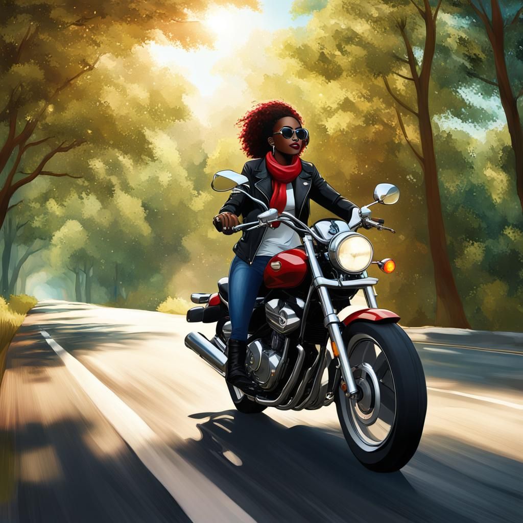 Woman Rides Motorcycle on Scenic Road in Digital Art